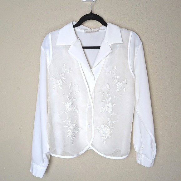 Vintage Romantic White Sheer Blouse Back Tie Women's Sz M Cottagecore Fairycore - Picture 1 of 10